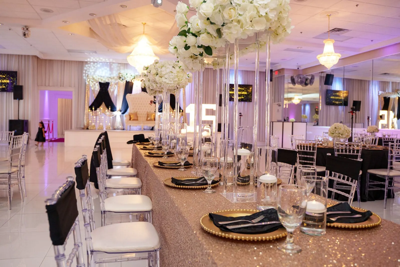 A long head table set in the Luxor Banquet Hall ballroom